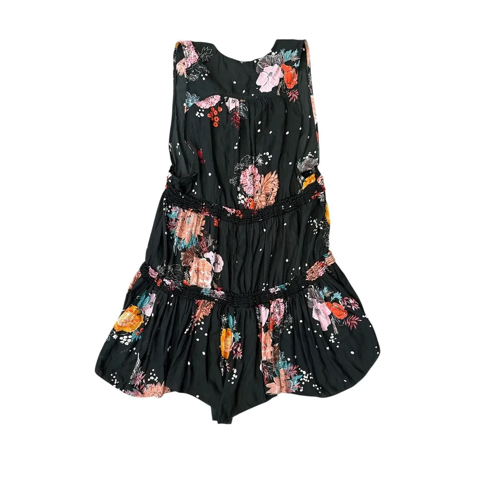Free People‎ Floral Polka Dot Tunic Women Size S Black Boho Babydoll